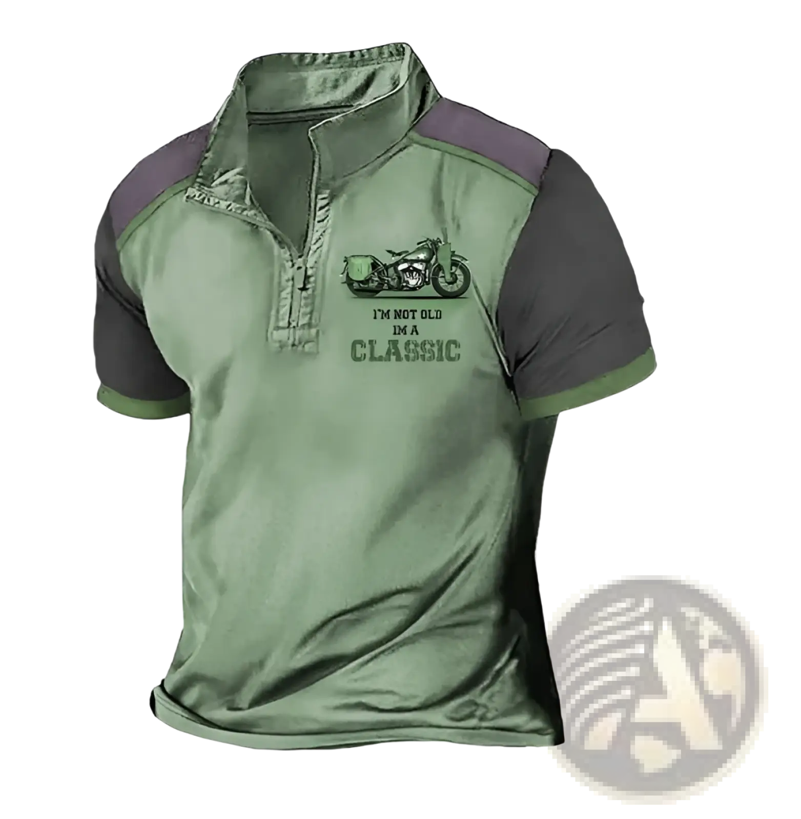 Men’s vintage classic motors short-sleeved olive green and dark gray polo shirt with 3D printed motorcycle graphic on chest