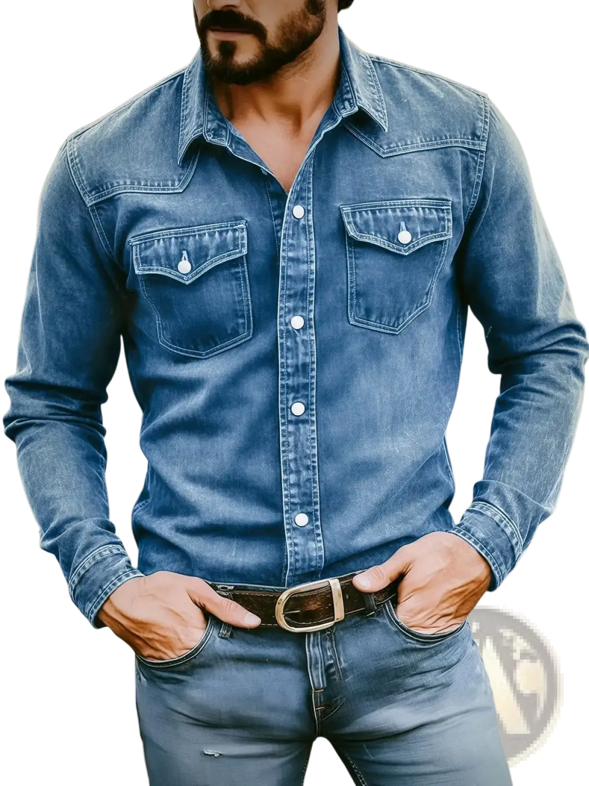 Men’s vintage denim shirt casual workwear with blue long sleeves, white buttons, and two chest pockets