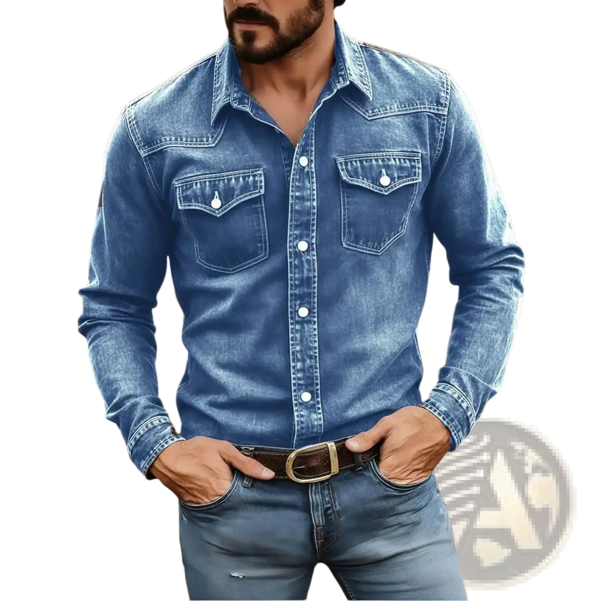 Men’s vintage denim shirt casual workwear in medium-wash blue with long sleeves, white buttons, and two chest pockets