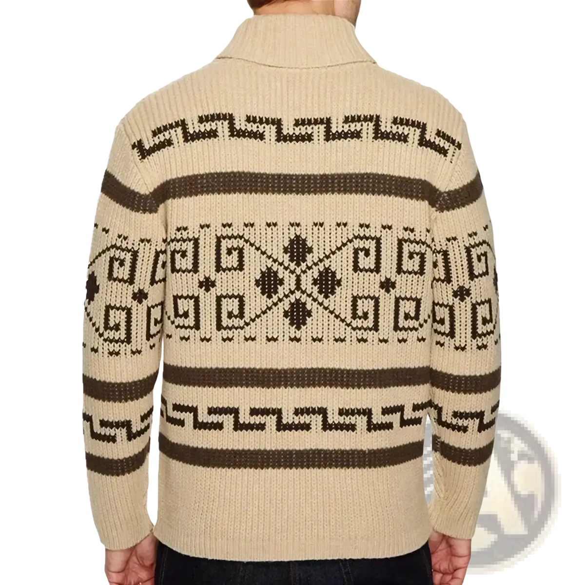 Men’s vintage geometric jacquard zip cardigan in beige and brown knit with patterned geometric designs