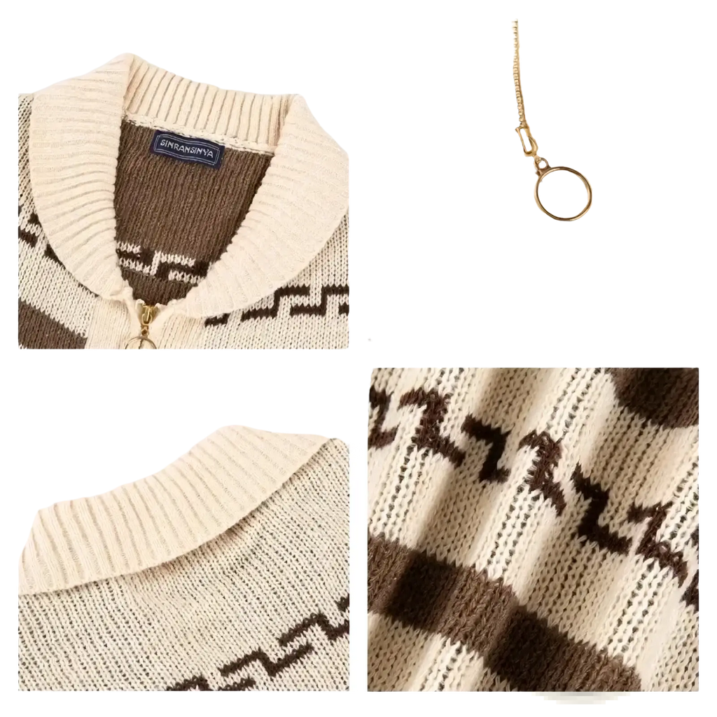 Men’s vintage geometric jacquard knit zip-up cardigan in cream and brown with ribbed collar and zip closure