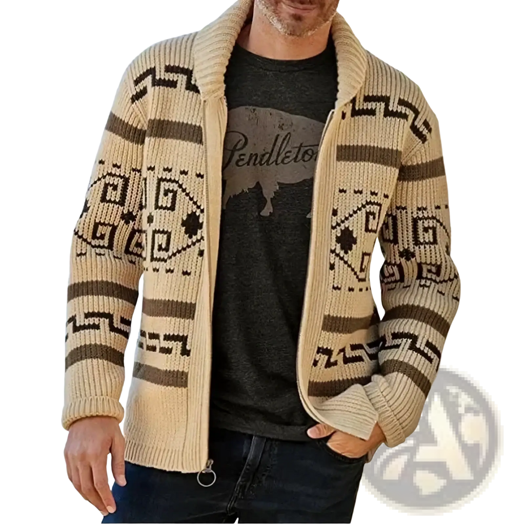 Beige and brown geometric-patterned knit cardigan with shawl collar and zip closure in vintage jacquard style for men