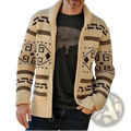 Beige and brown geometric-patterned knit cardigan with shawl collar and zip closure in vintage jacquard style for men
