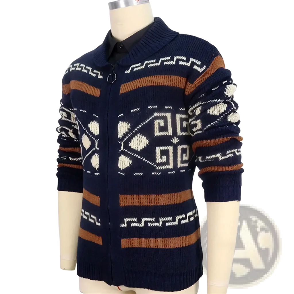 Men’s vintage geometric jacquard zip cardigan in navy blue brown and cream knit with collar and zipper front closure
