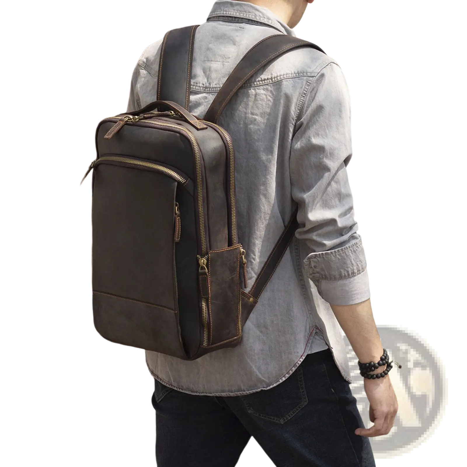 Men’s vintage leather backpack in dark brown cowhide with brass zippers and reinforced straps for durability