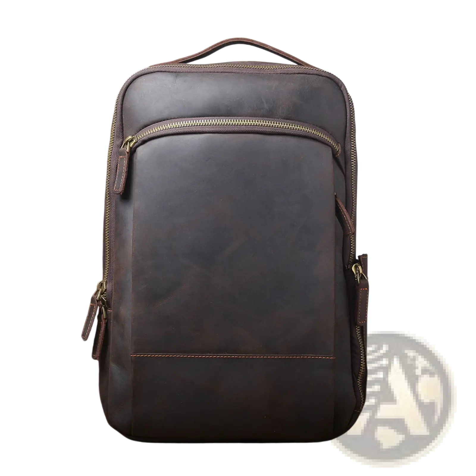 Men’s vintage leather backpack in dark brown cowhide with gold-toned zippers and contrasting stitching