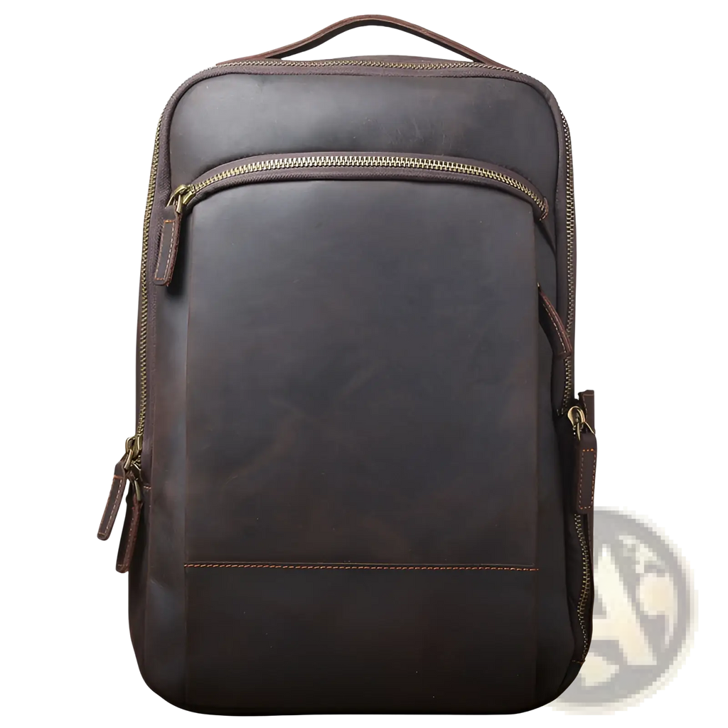 Men’s vintage leather backpack in dark brown cowhide with gold-toned zippers and contrasting stitching