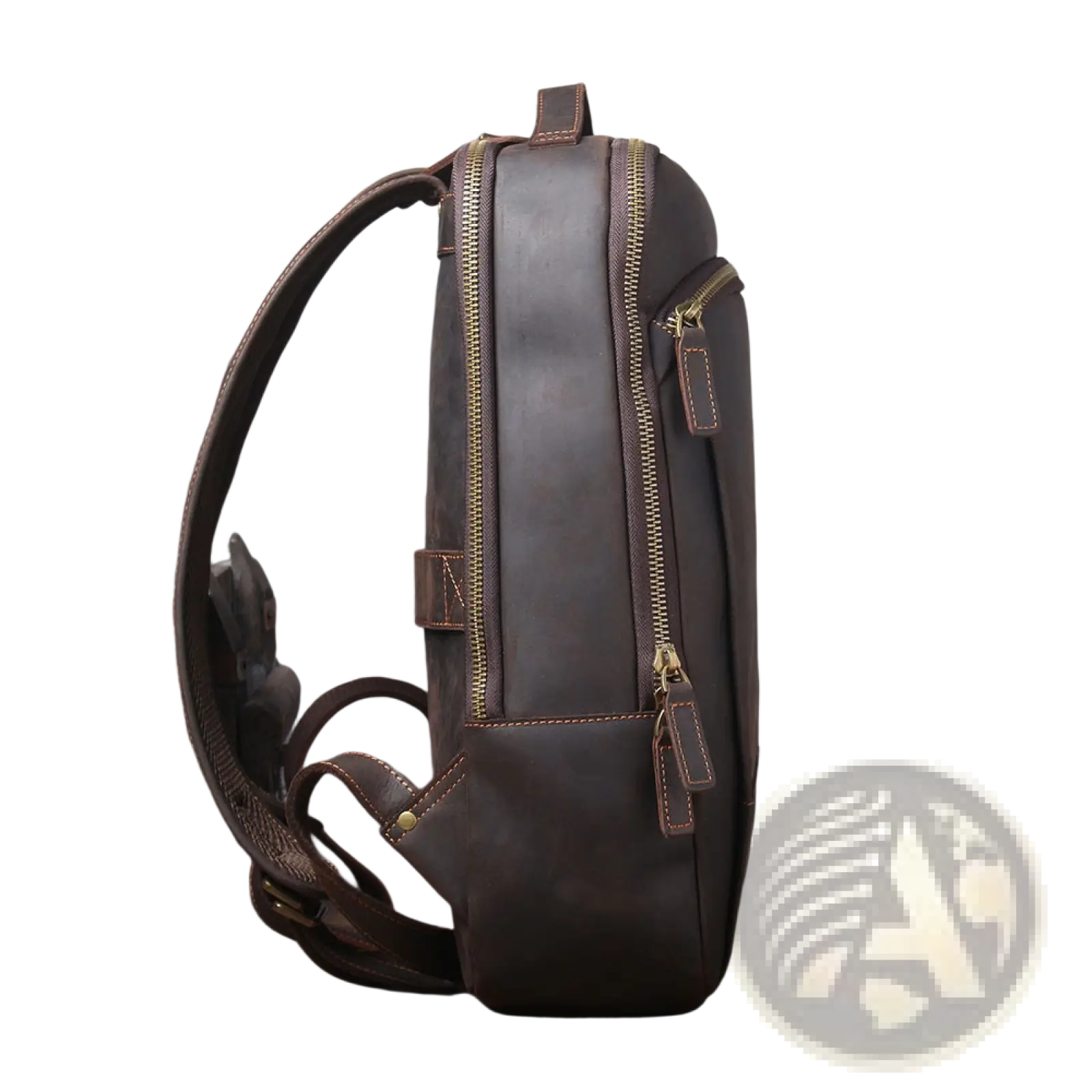Men’s vintage leather backpack in dark brown cowhide with gold toned zippers and matching straps
