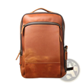 Men’s vintage leather backpack in dark brown cowhide with tan leather body and dark brown zipper pulls and stitching