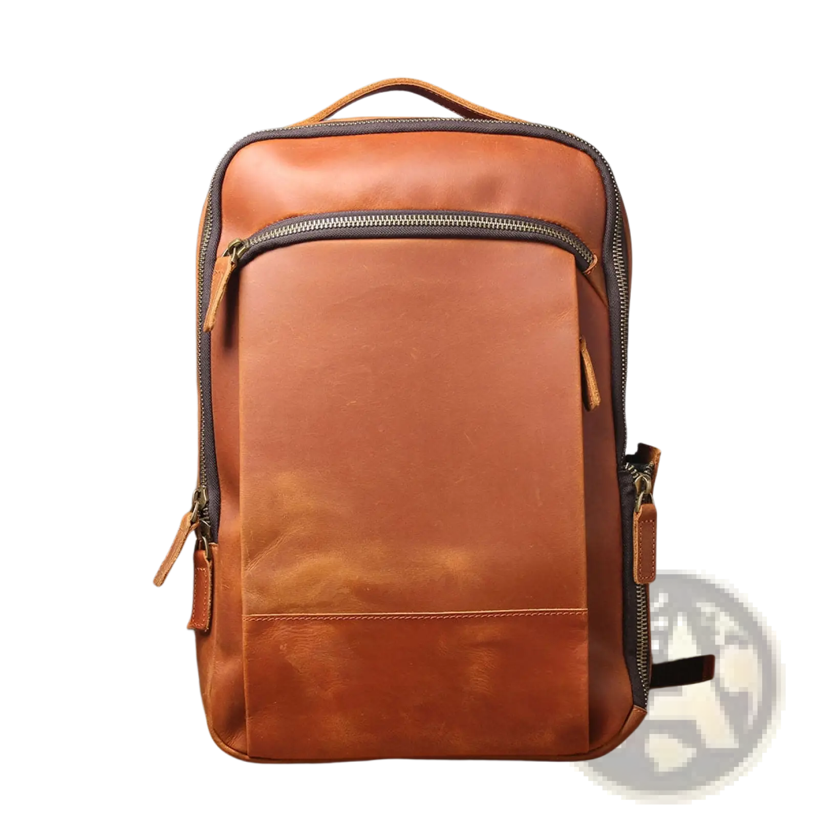 Men’s vintage leather backpack in dark brown cowhide with tan leather body and dark brown zipper pulls and stitching