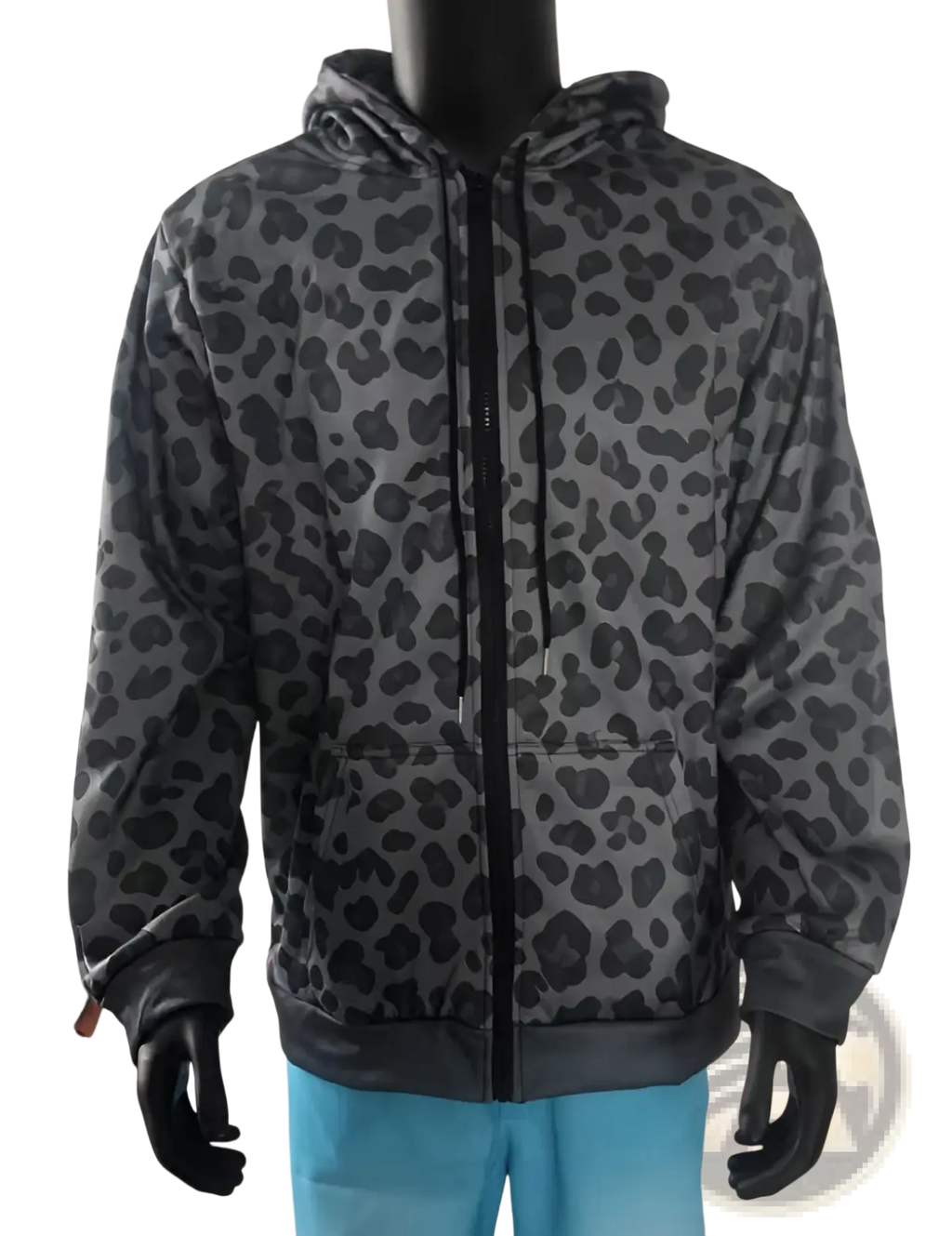 Men’s vintage oversized winter hoodie in black and gray leopard print with front zipper hood and kangaroo pocket