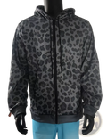Men’s vintage oversized winter hoodie in black and gray leopard print with front zipper hood and kangaroo pocket