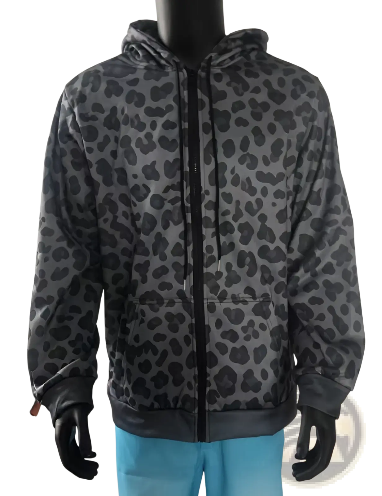 Men’s vintage oversized winter hoodie in black and gray leopard print with front zipper hood and kangaroo pocket