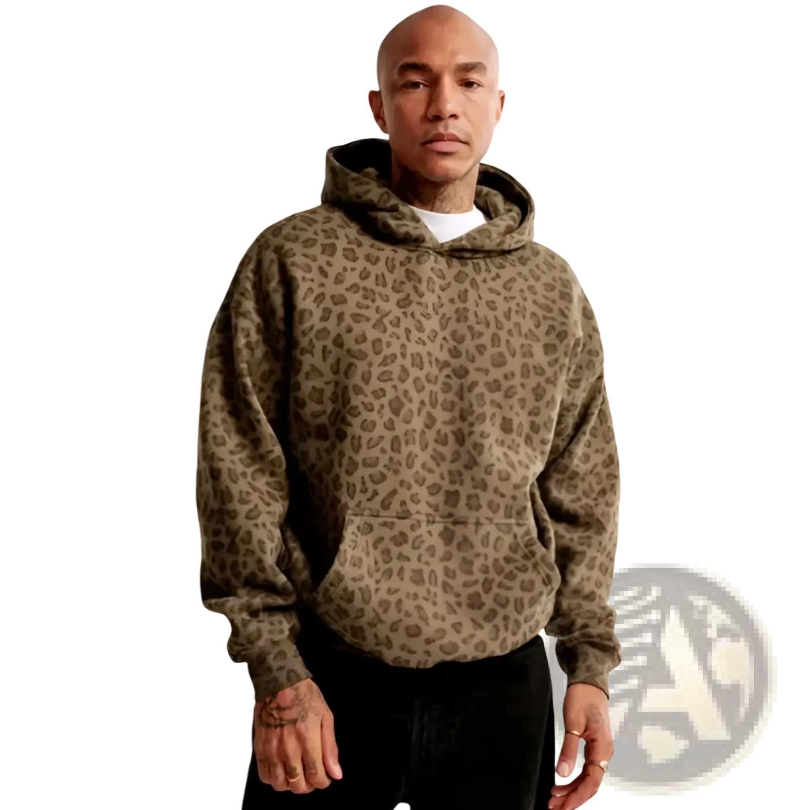Men’s vintage leopard print oversized winter hoodie in brown with soft textured fabric and ribbed cuffs