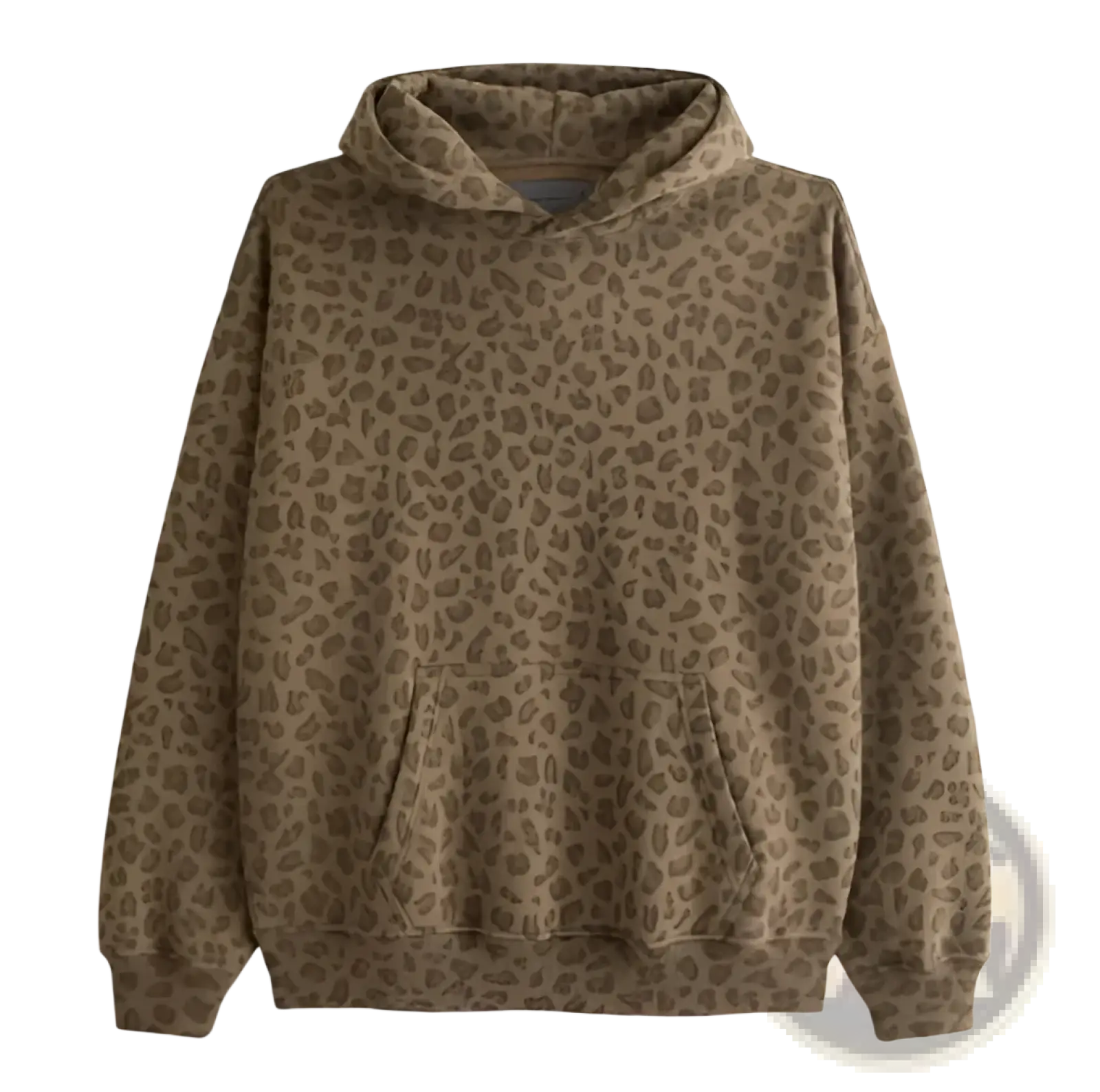 Men’s vintage oversized winter hoodie in brown leopard print with soft textured fabric and front pockets