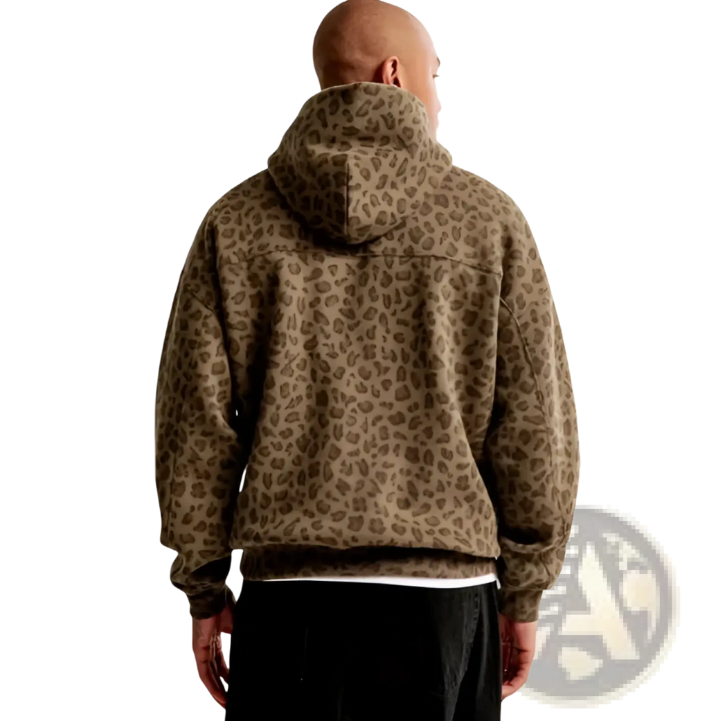 Men’s vintage brown leopard print oversized winter hoodie with relaxed fit and ribbed cuffs