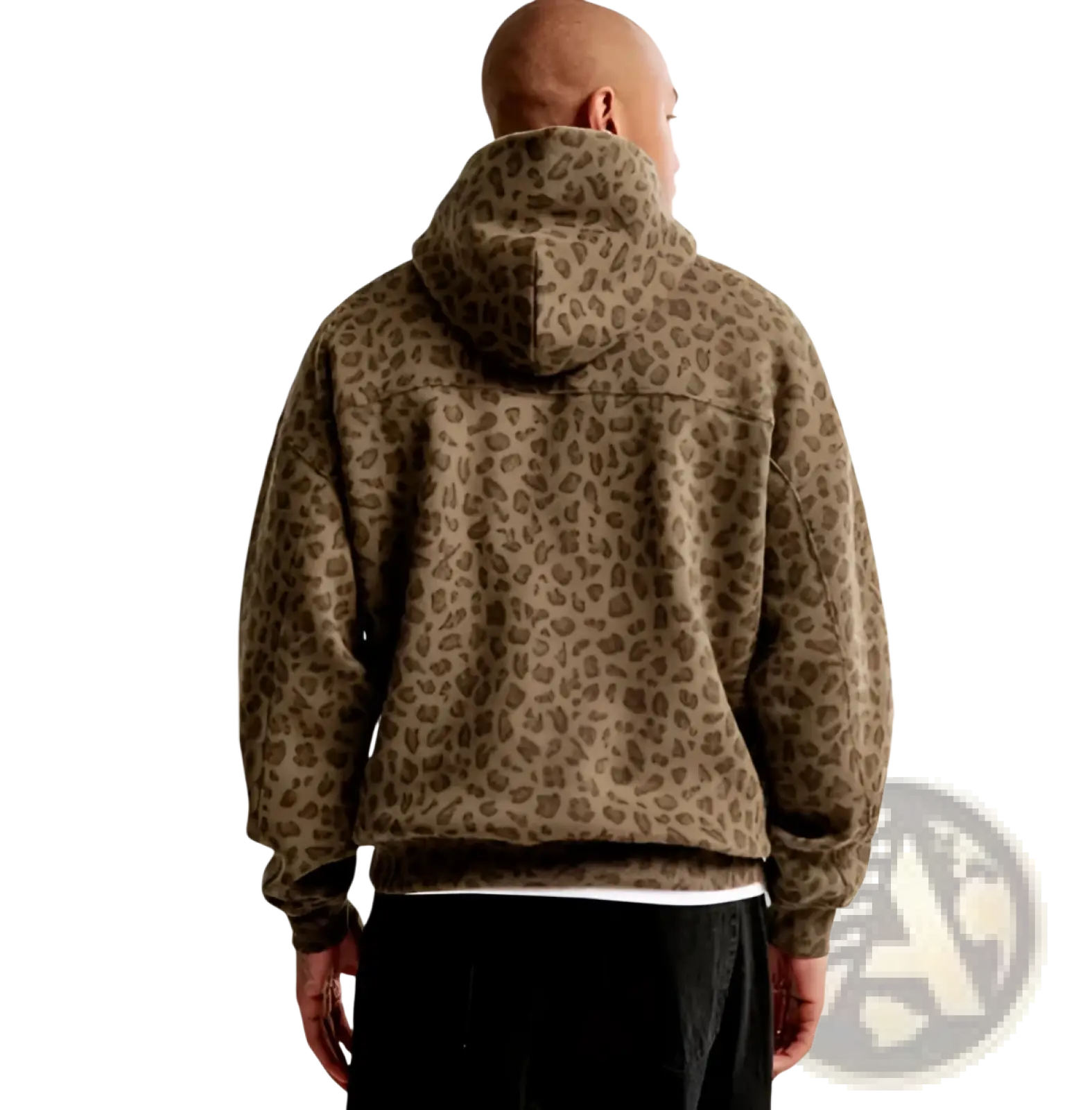 Men’s vintage brown leopard print oversized winter hoodie with relaxed fit and ribbed cuffs