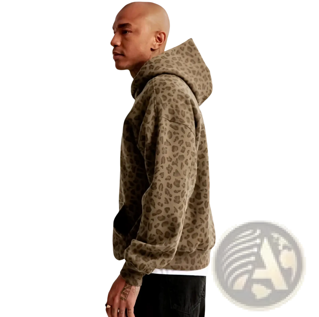 Men’s vintage oversized winter hoodie in tan leopard print with soft textured fabric and relaxed fit