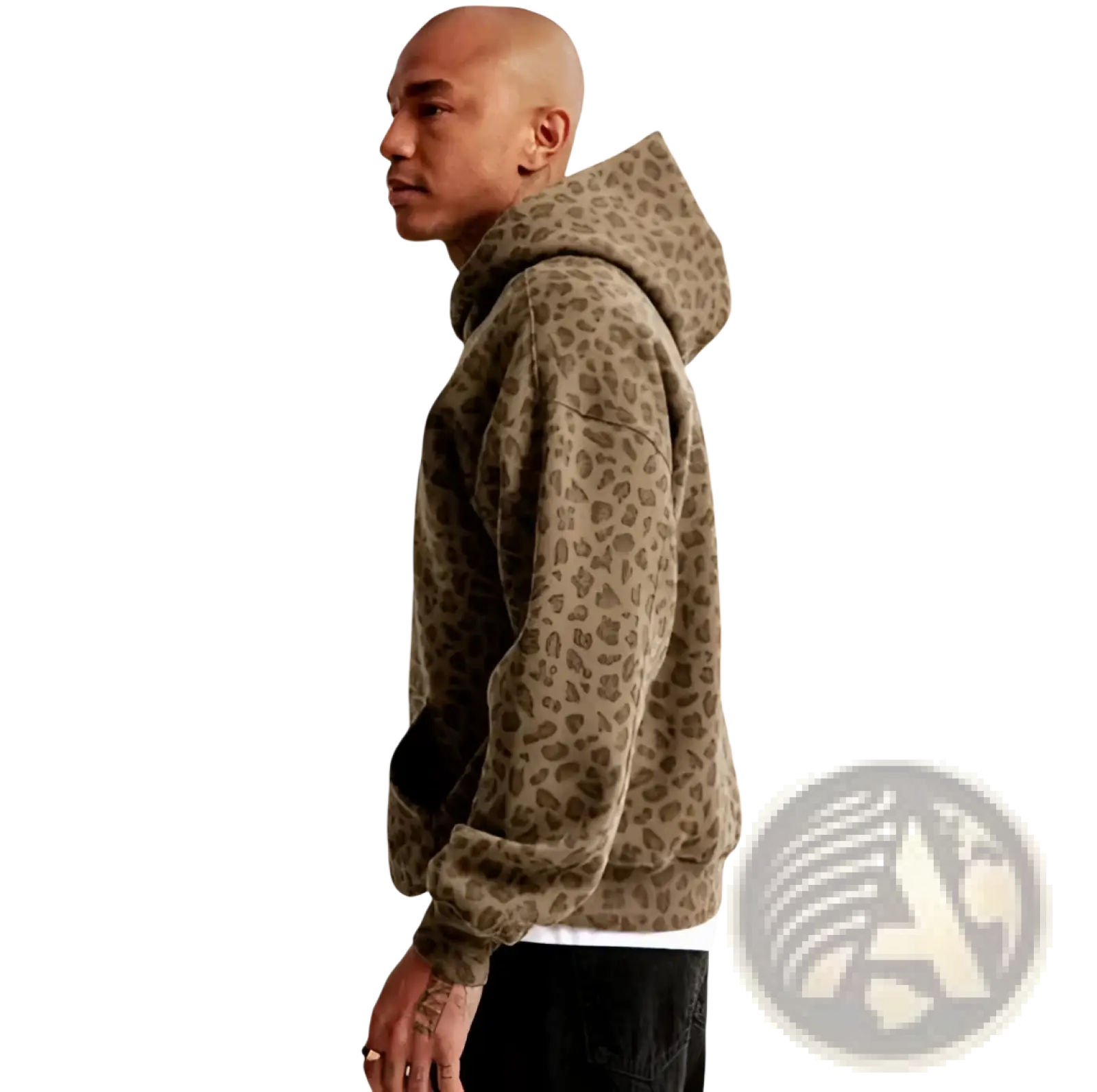 Men’s vintage oversized winter hoodie in tan leopard print with soft textured fabric and relaxed fit