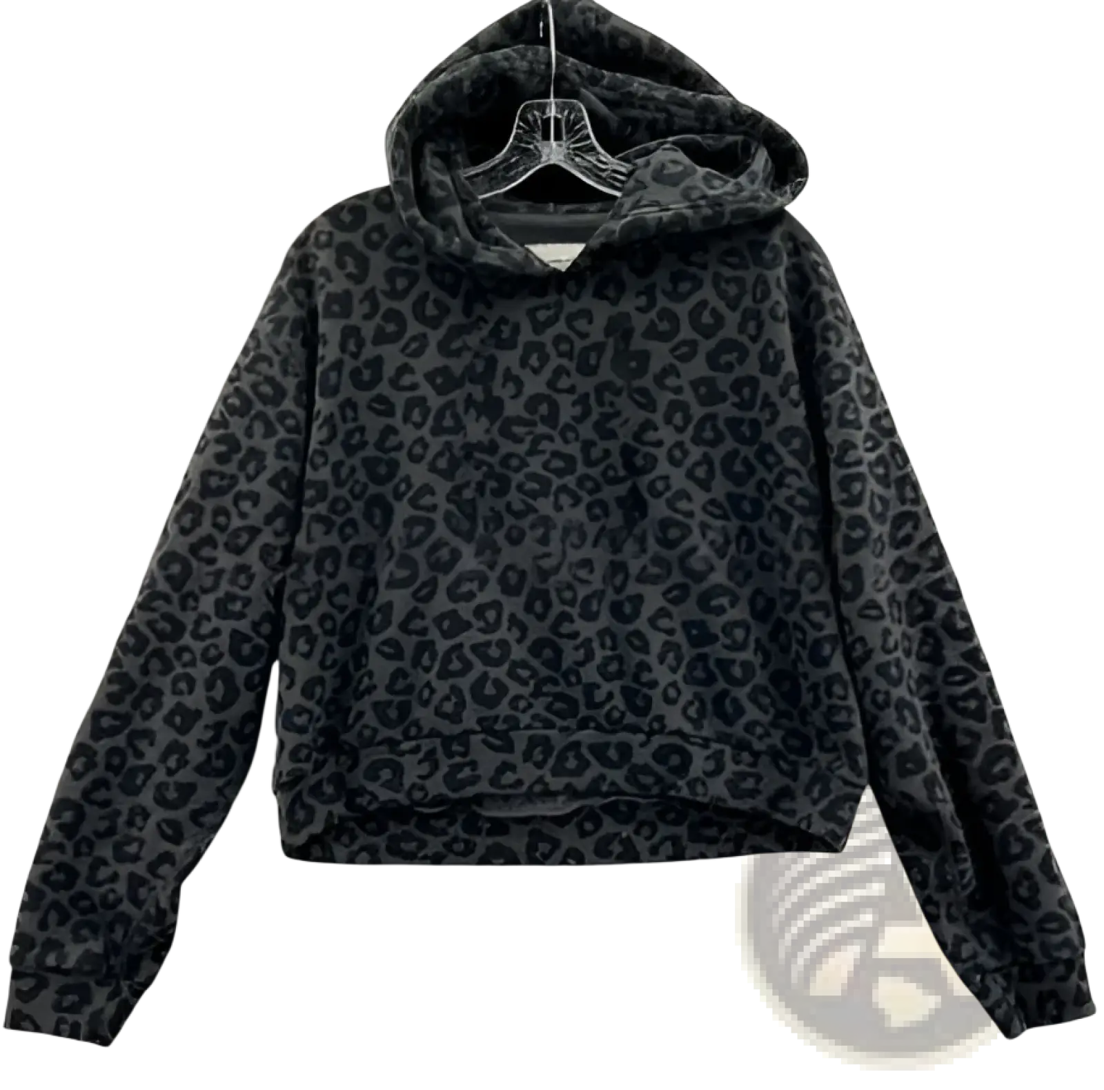 Men’s vintage black leopard print oversized winter hoodie with soft velour texture and ribbed cuffs