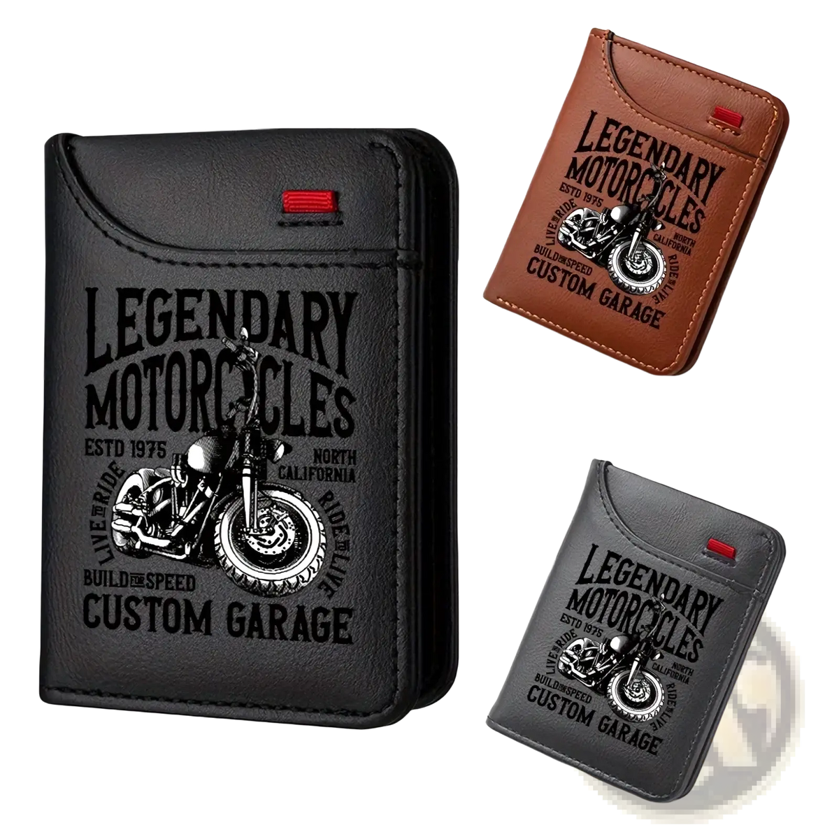 Men’s vintage motorcycle faux leather slim wallet in black with a vintage motorcycle graphic and legendary motorcycles text