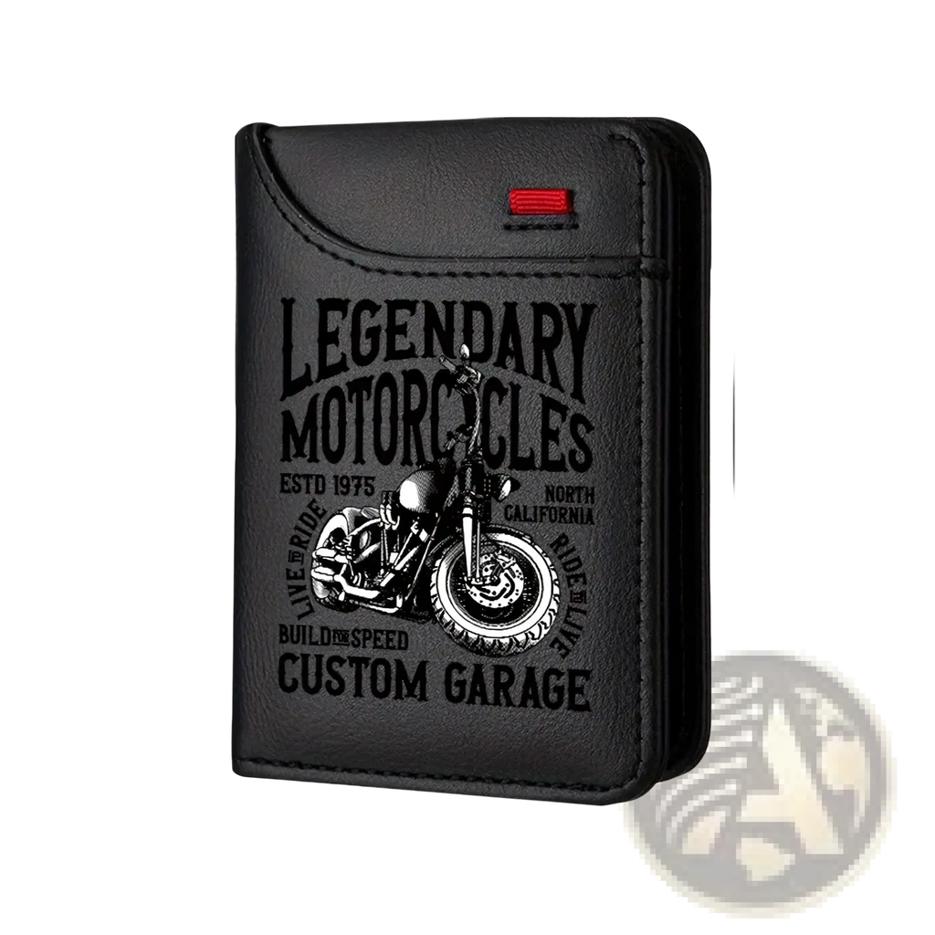 Men’s vintage motorcycle faux leather slim wallet in black featuring a vintage motorcycle graphic and red stitching detail