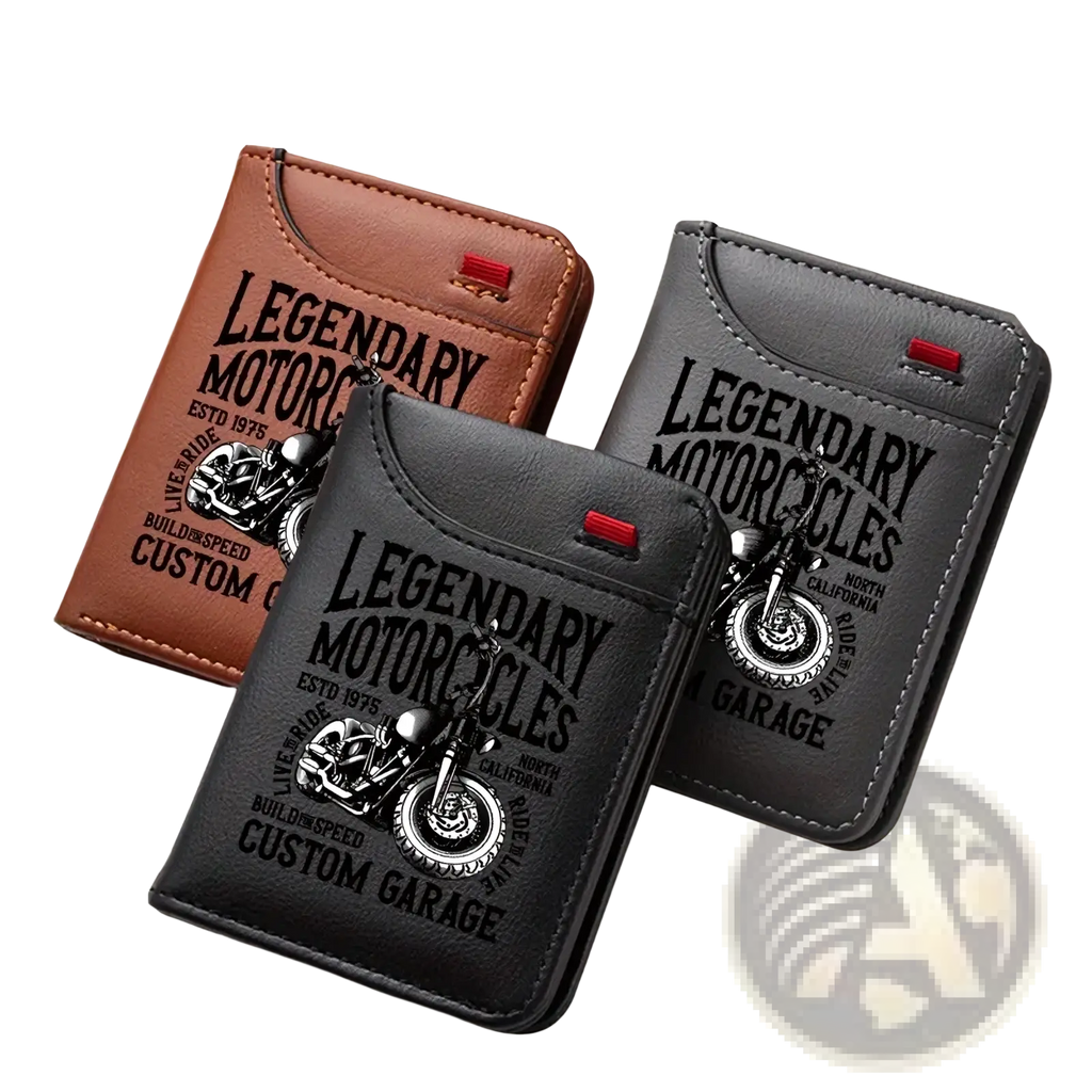 Men’s vintage motorcycle faux leather slim wallet in black with legendary motorcycles graphic and red accent tab