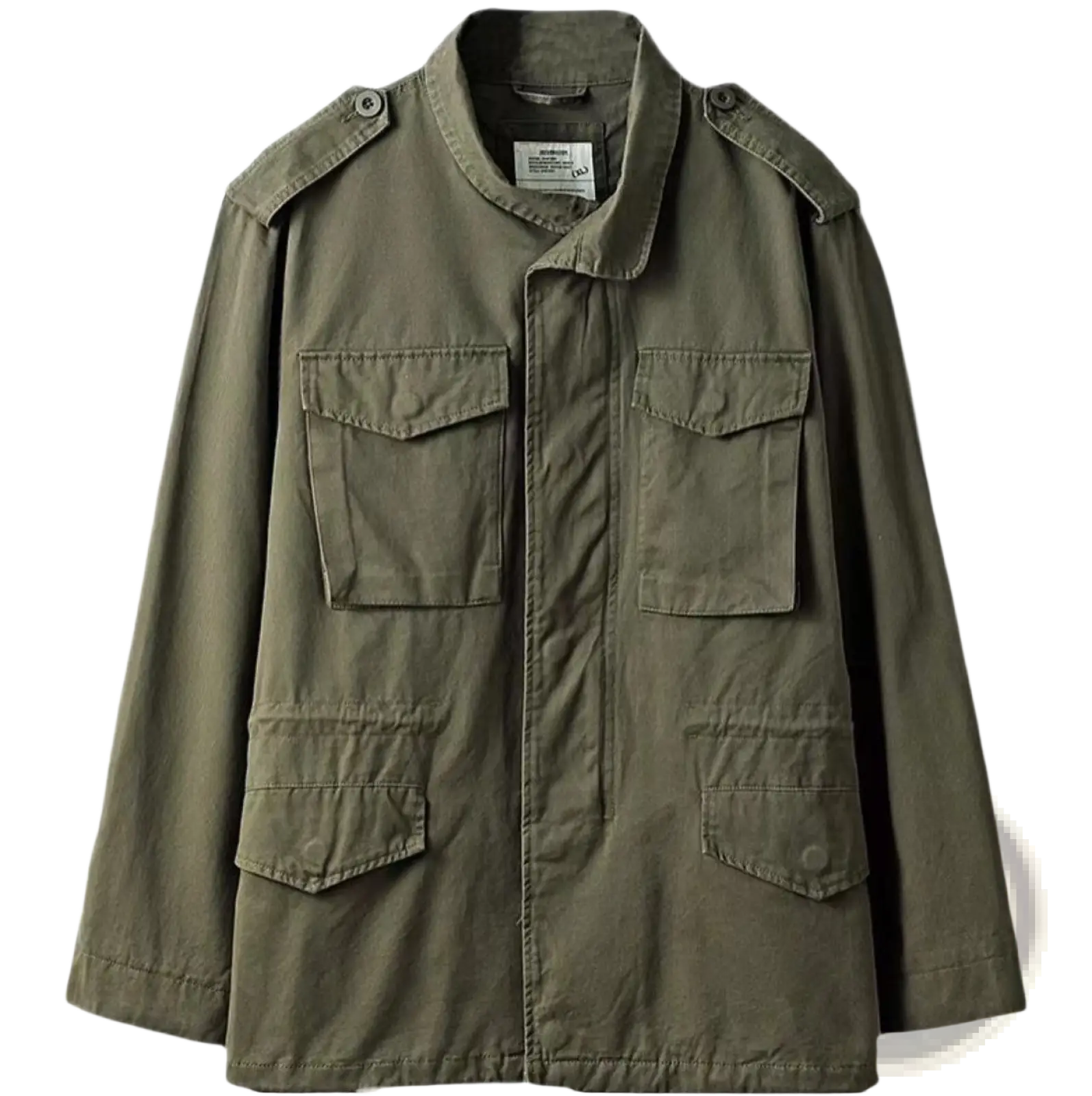 Men’s vintage olive green cotton military field overalls jacket with four flap pockets and buttoned epaulets