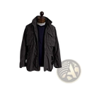 Men’s vintage olive green military field overalls jacket with hood button closures and multiple flap pockets