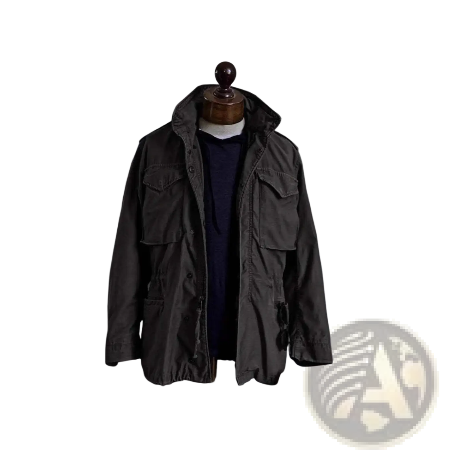 Men’s vintage olive green military field overalls jacket with hood button closures and multiple flap pockets