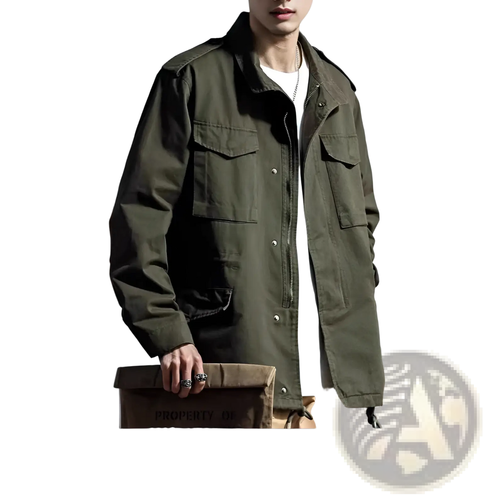 Men’s vintage olive green military field overalls jacket with multiple flap pockets and button closures in cotton fabric