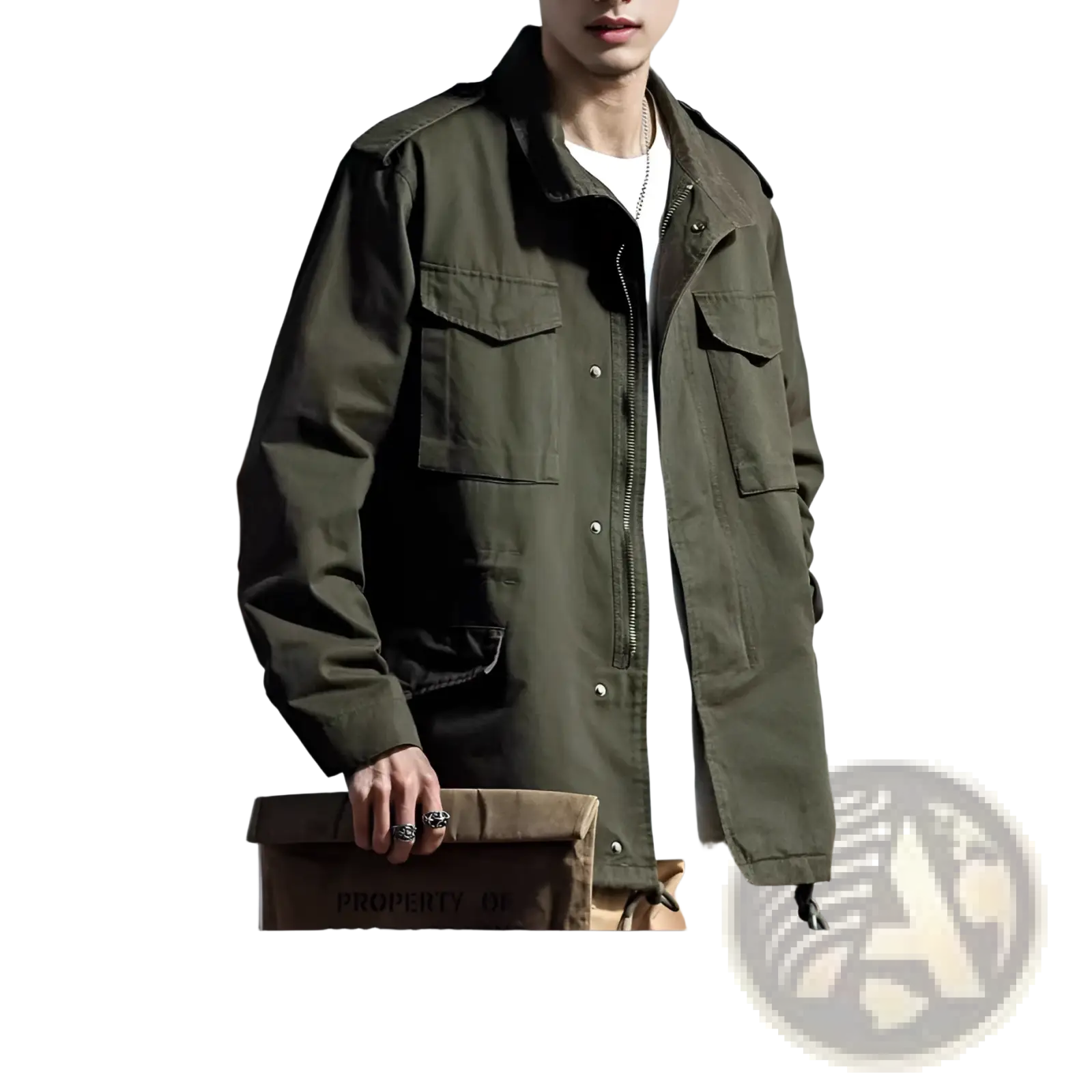 Men’s vintage olive green military field overalls jacket with multiple flap pockets and button closures in cotton fabric