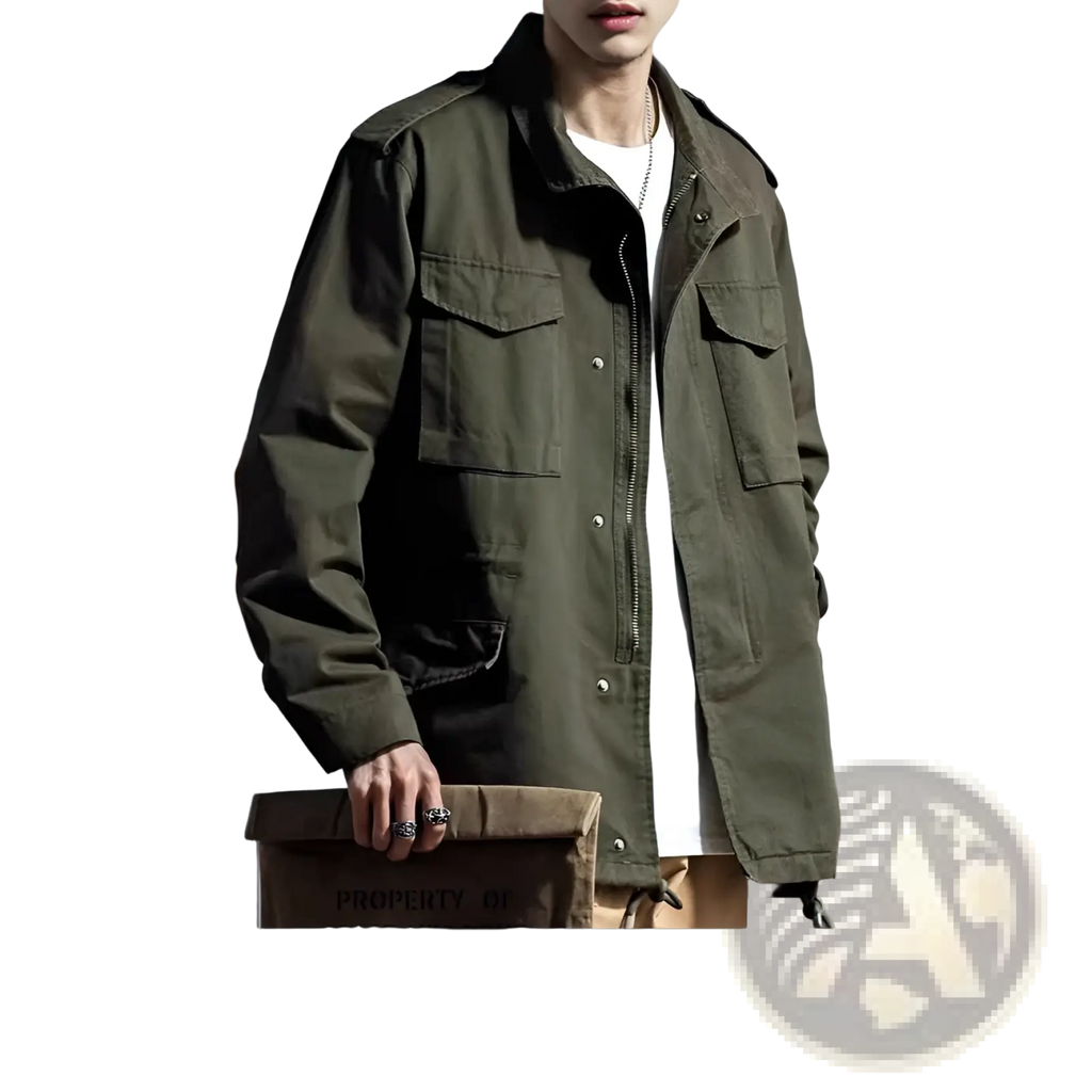 Men’s vintage olive green military field overalls jacket with buttoned flap pockets and zipper front closure