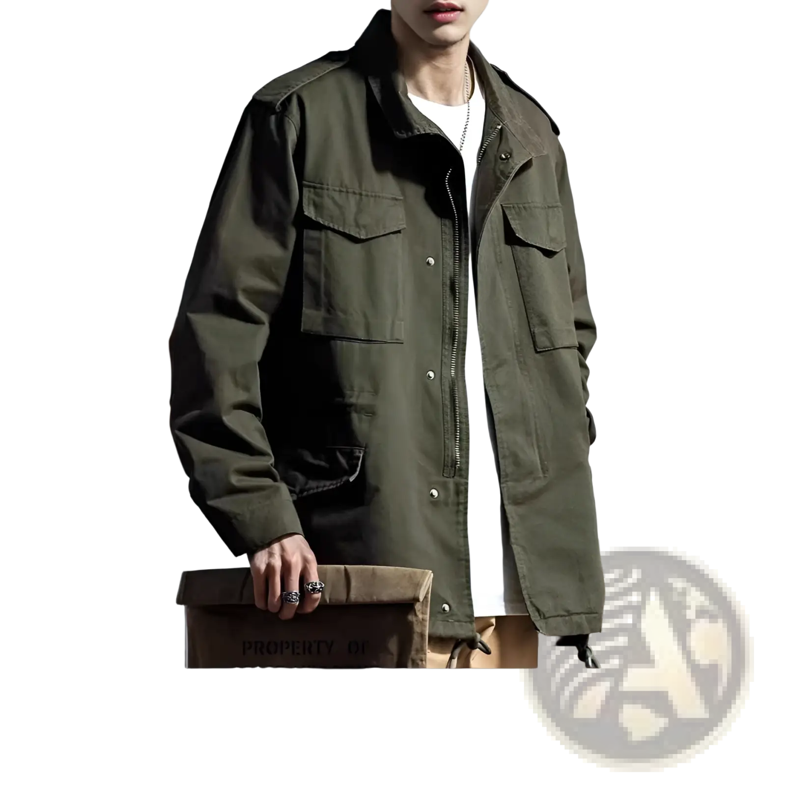 Men’s vintage olive green military field overalls jacket with buttoned flap pockets and zipper front closure