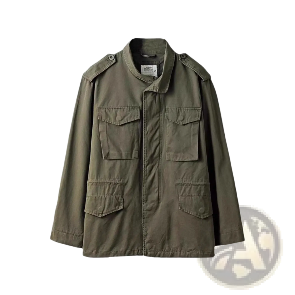 Men’s vintage olive green cotton military field overalls jacket with four flap pockets and shoulder epaulets