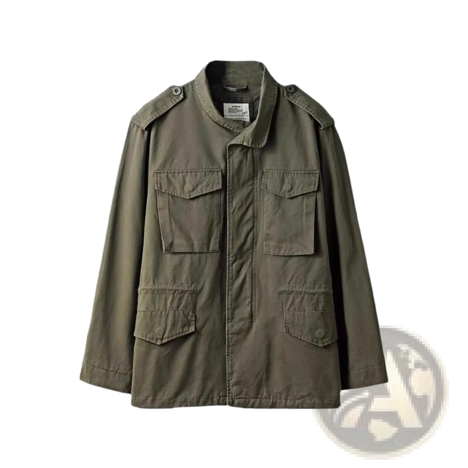 Men’s vintage olive green cotton military field overalls jacket with four flap pockets and shoulder epaulets