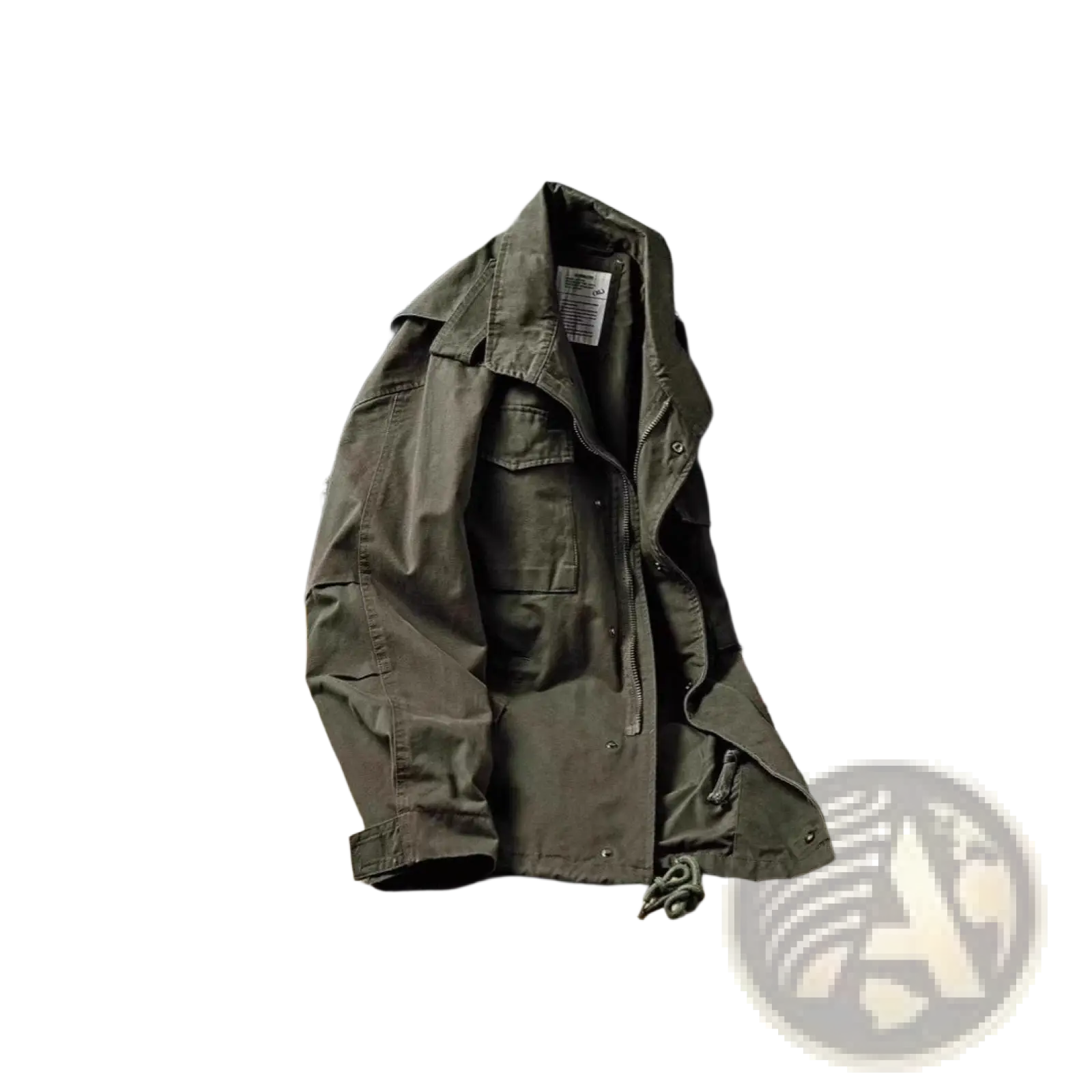 Men’s vintage olive green military field overalls jacket with button closures and flap pockets in durable fabric