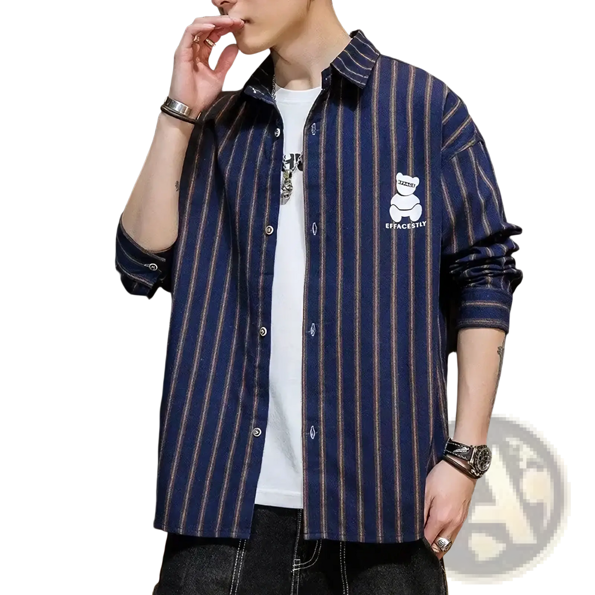 Men’s vintage plaid casual button-up shirt in blue and beige striped cotton with white embroidered bear logo on left chest