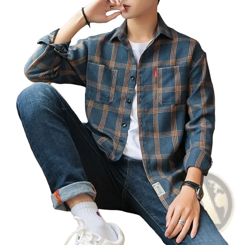 Men’s vintage plaid casual button-up shirt in blue and orange cotton with classic button front design
