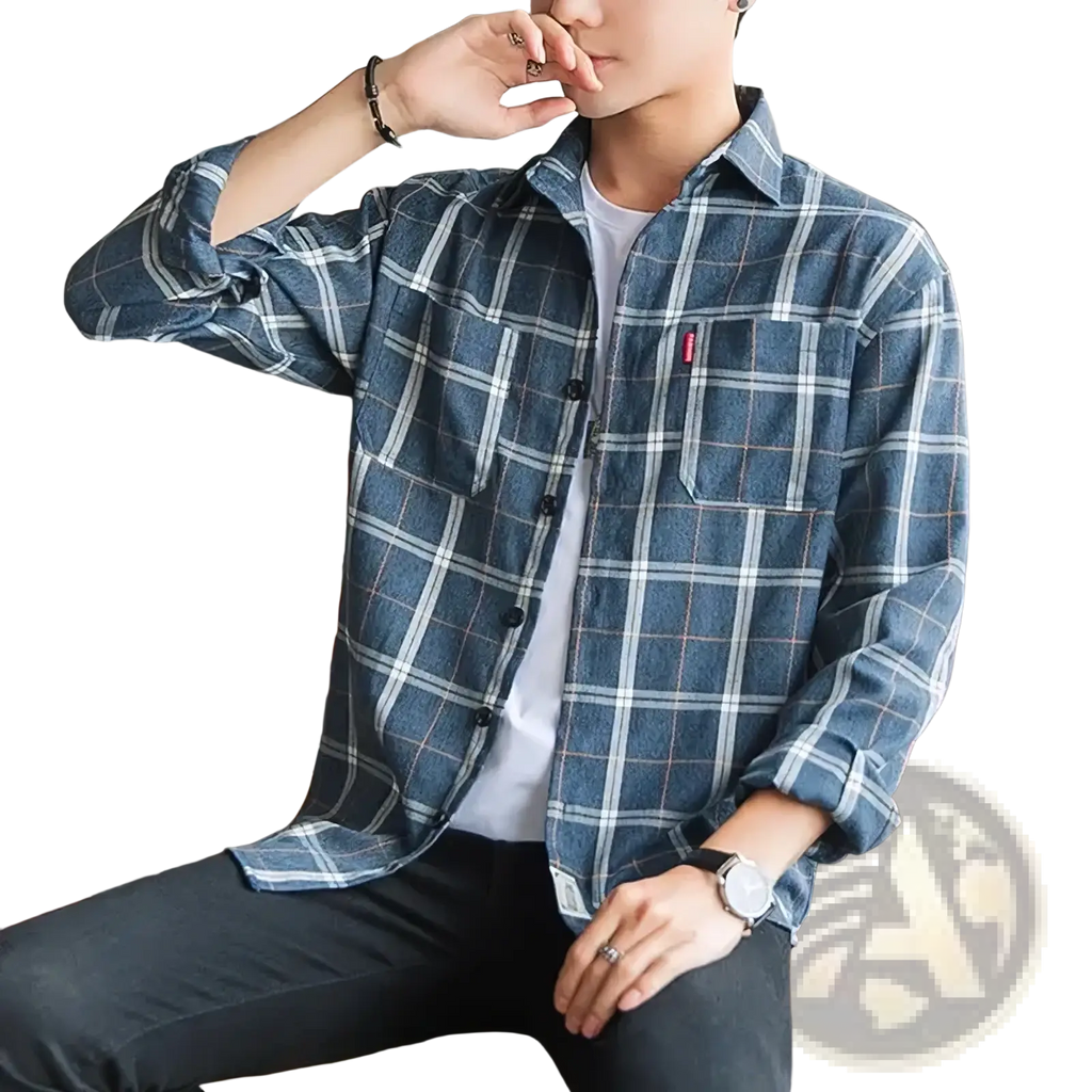 Men’s vintage plaid casual button-up shirt in blue and white with subtle red stitching on the chest pocket