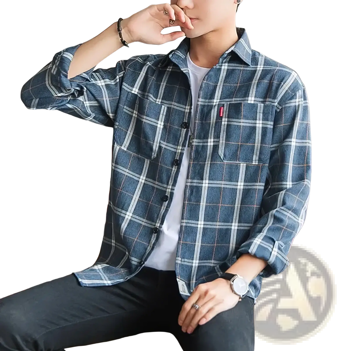 Men’s vintage plaid casual button-up shirt in blue and white with subtle red stitching on the chest pocket