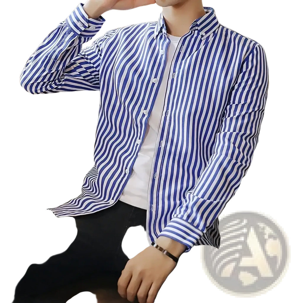 Men’s vintage plaid casual button-up shirt with blue and white vertically striped long sleeves and button closure
