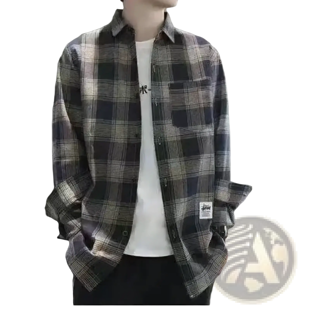Men’s vintage plaid casual button-up shirt in dark gray and black with a white logo patch on the left chest
