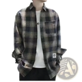 Men’s vintage plaid casual button-up shirt in dark gray and black with a white logo patch on the left chest
