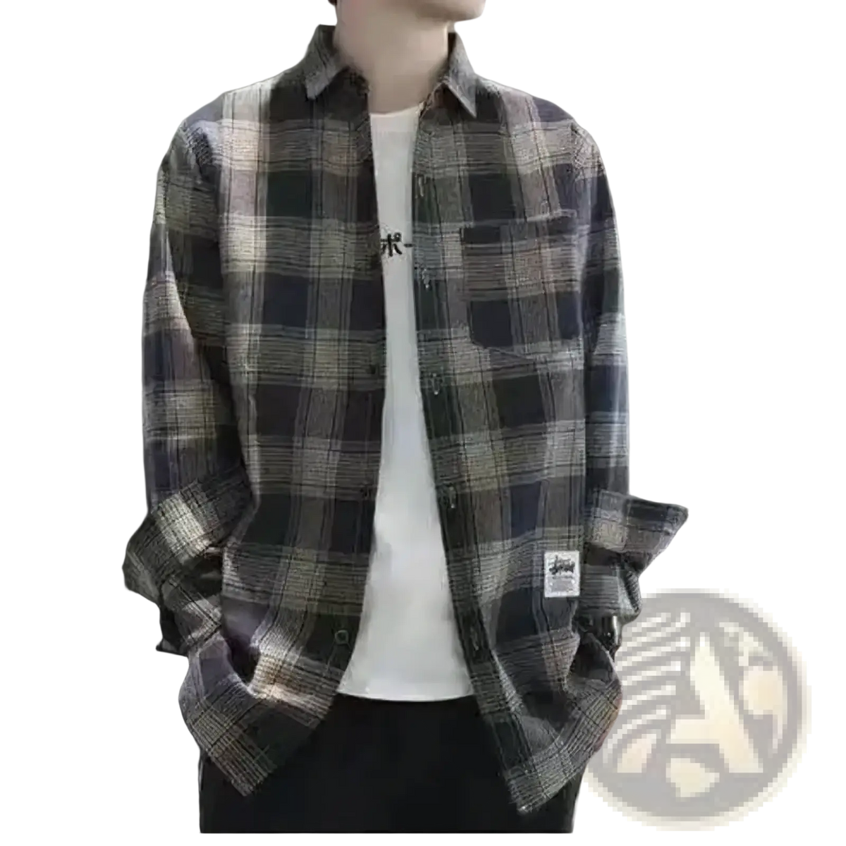 Men’s vintage plaid casual button-up shirt in dark gray and black with a white logo patch on the left chest