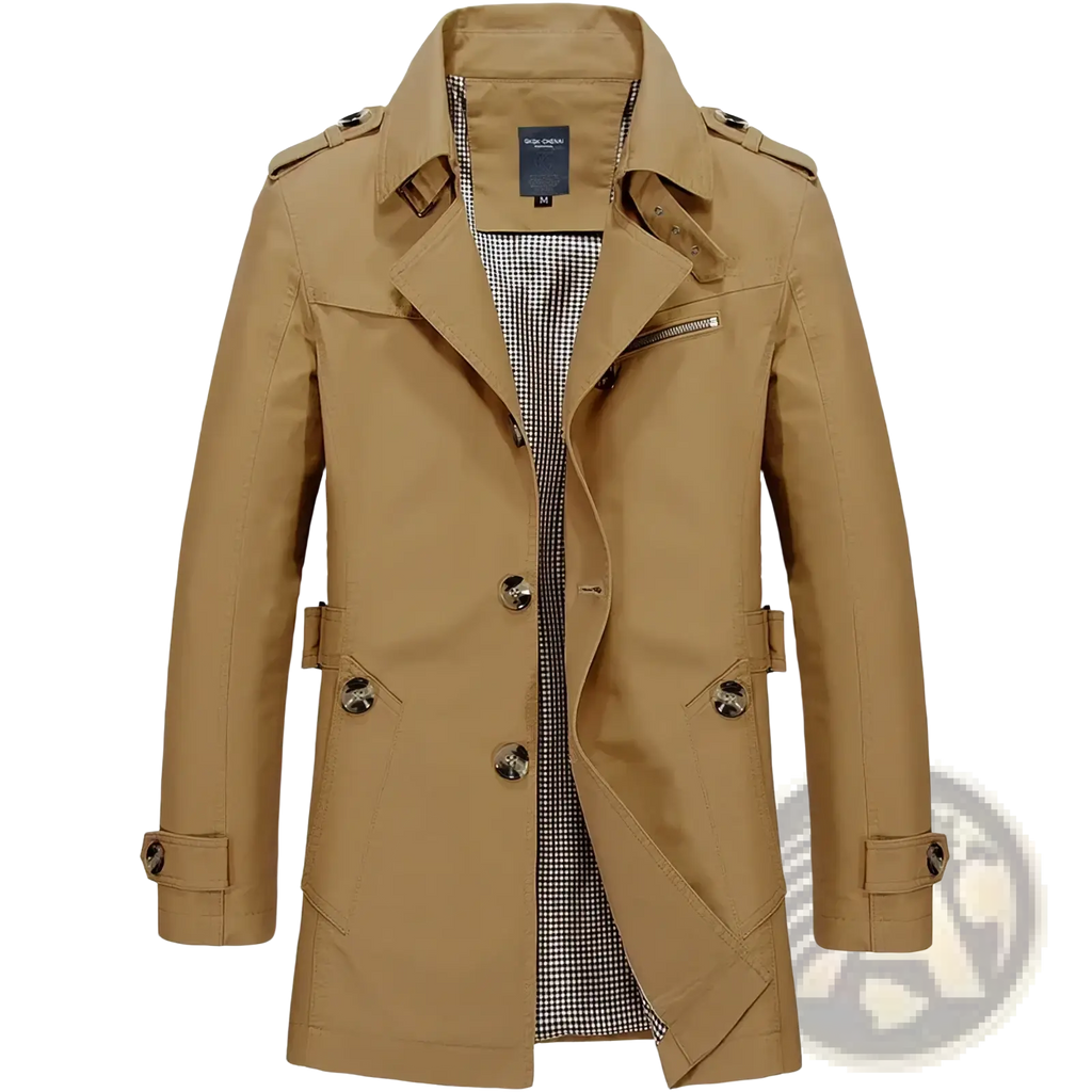 Beige men’s vintage single breasted trench coat with classic collar double breasted front and checkered lining