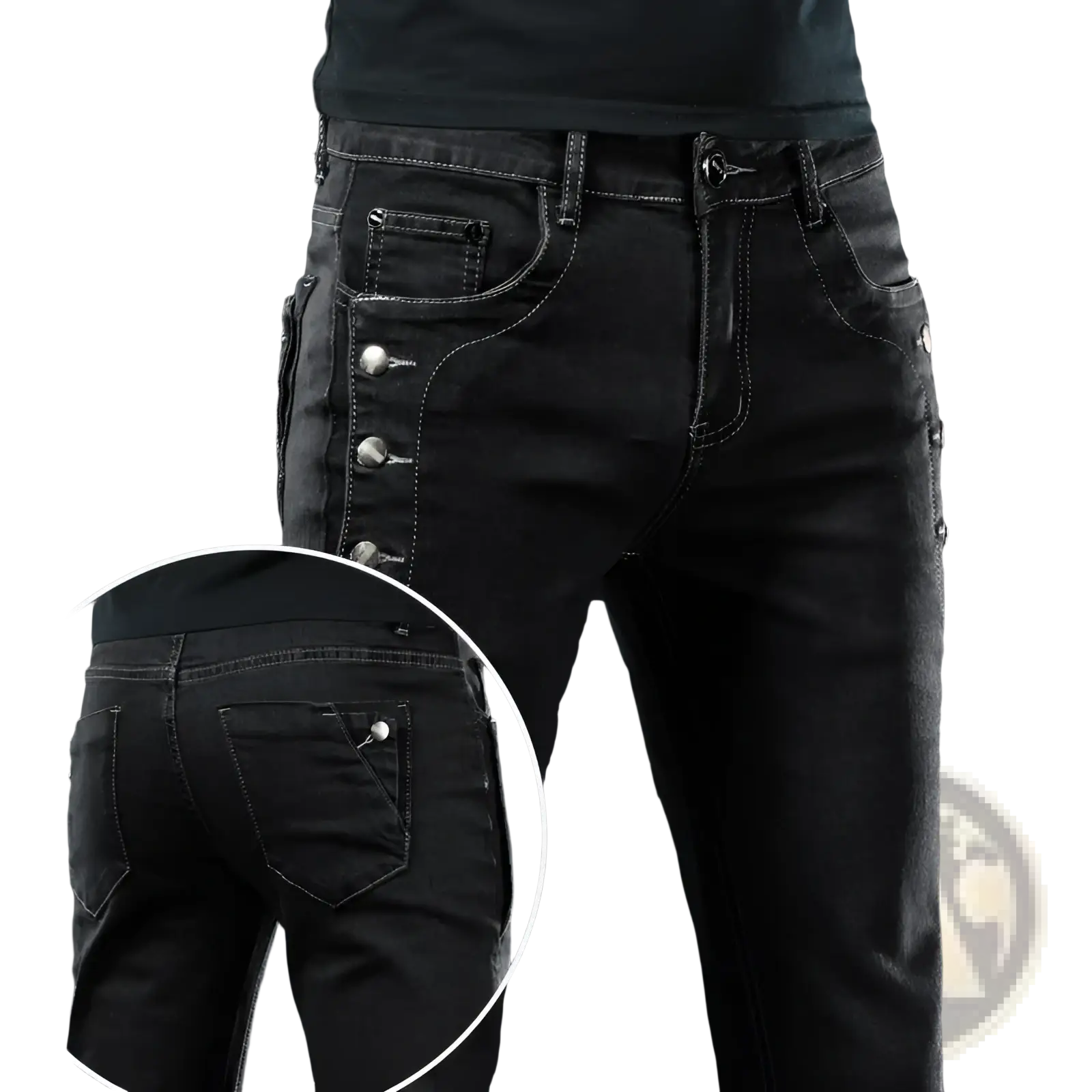 Mens vintage stretch slim black denim jeans with grey wash featuring decorative silver buttons and white stitching along side seam
