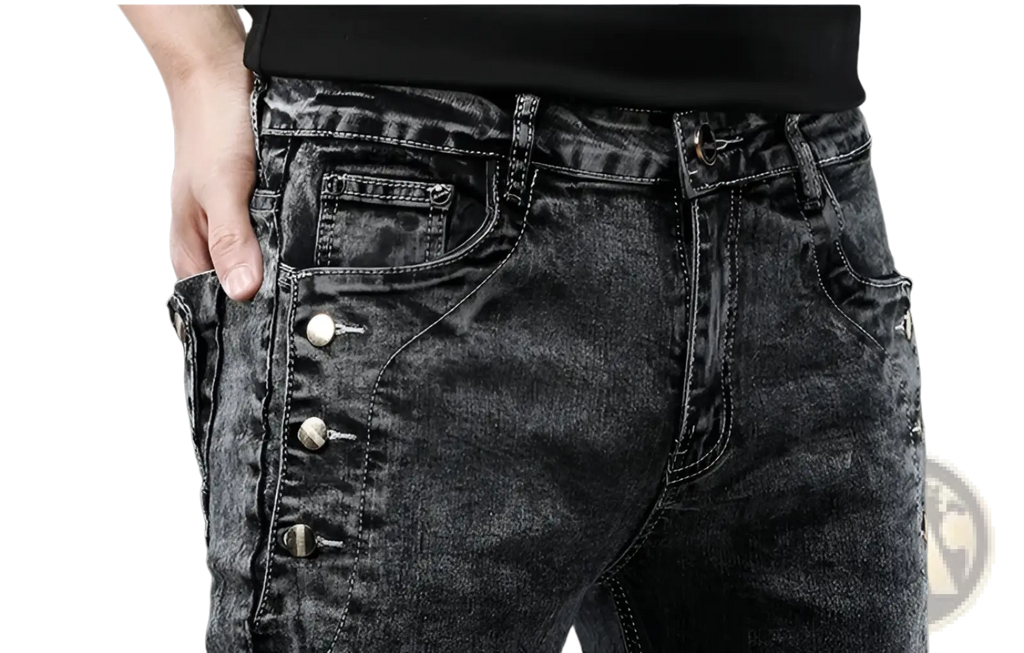 Mens vintage stretch slim denim jeans in grey wash with black distressed texture and silver toned buttons