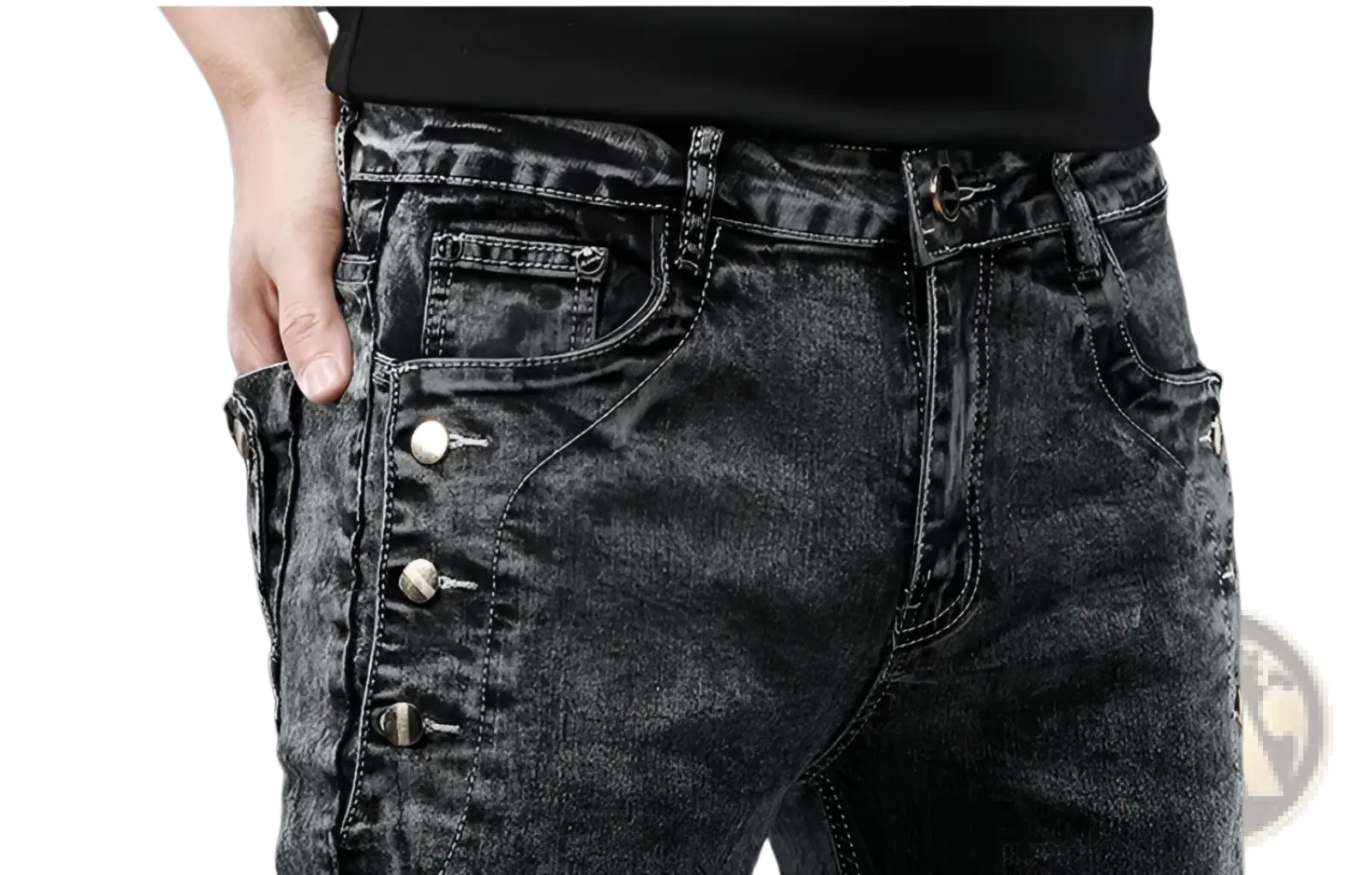 Mens vintage stretch slim denim jeans in grey wash with black distressed texture and silver toned buttons