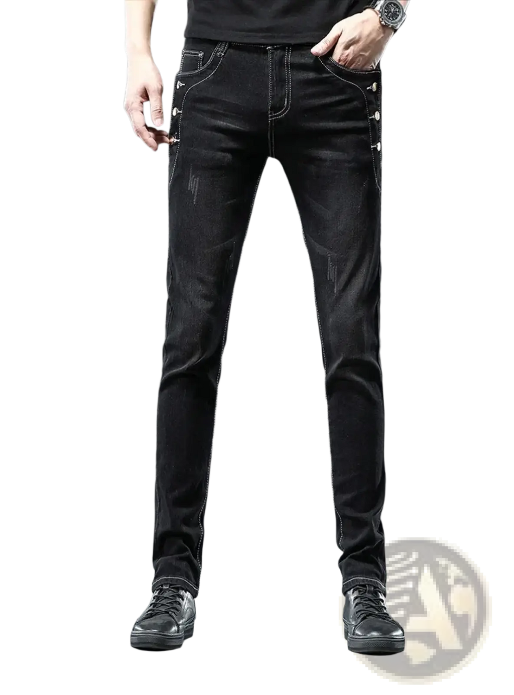Mens vintage stretch slim denim jeans grey wash in black with slim fit, subtle distressing, and silver button accents